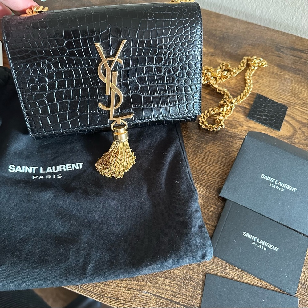 YSL Saint Laurent Kate Monogram Leather Black Patent Bag Crocodile Crossbody